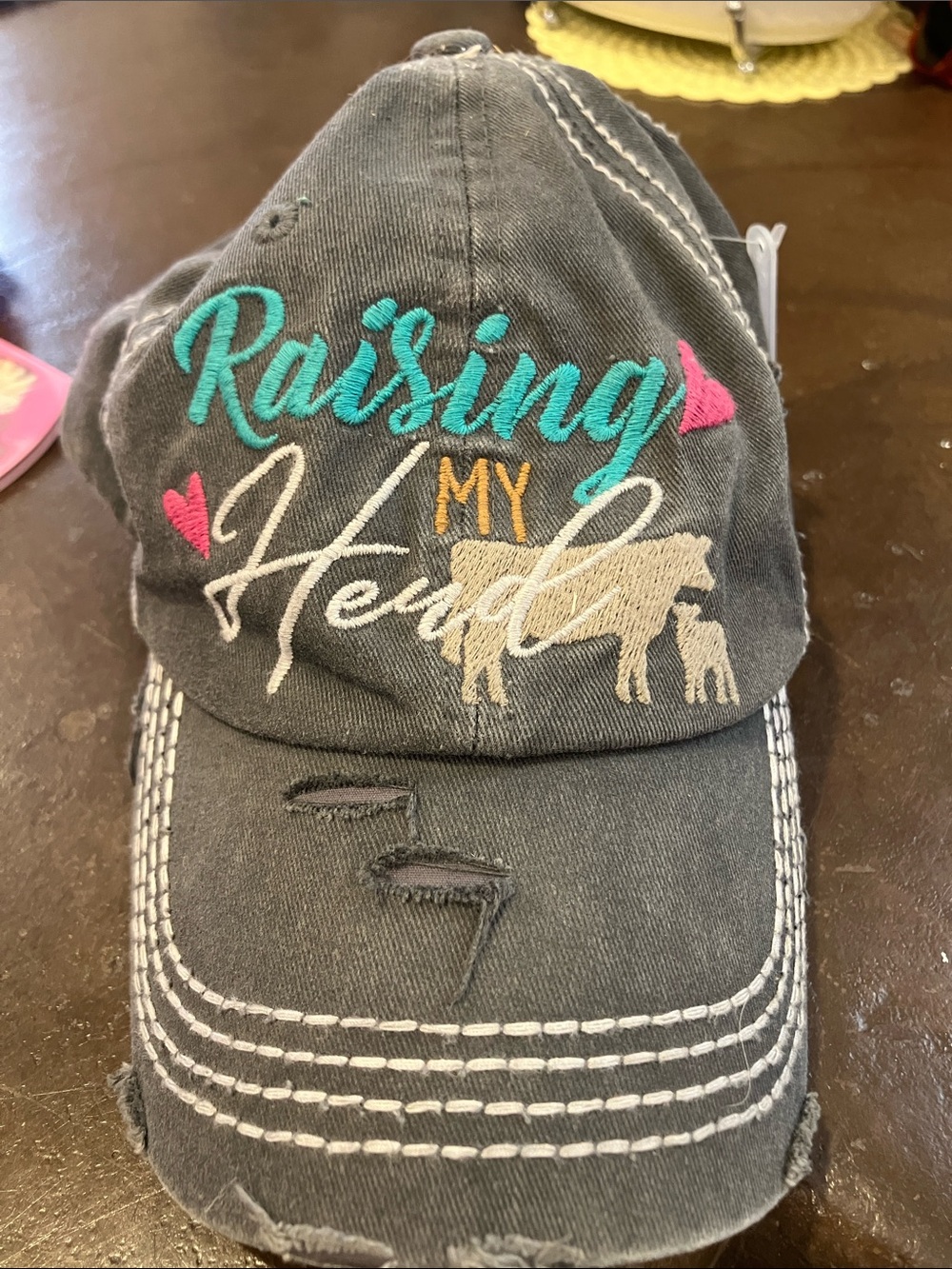 Raising My Herd Embroidered Distressed Cap - Teal, Pink, Cream